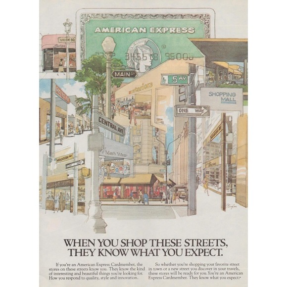 1982 American Express Vintage Print Ad 80s Shopping Mall Street Scene Decor - Picture 1 of 3